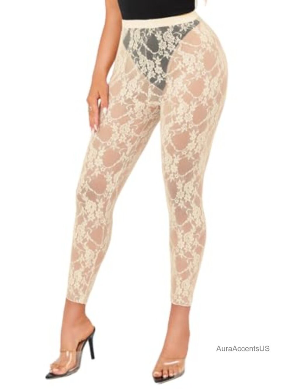 Sheer Floral Lace Leggings High Waisted Footless Tights for Women